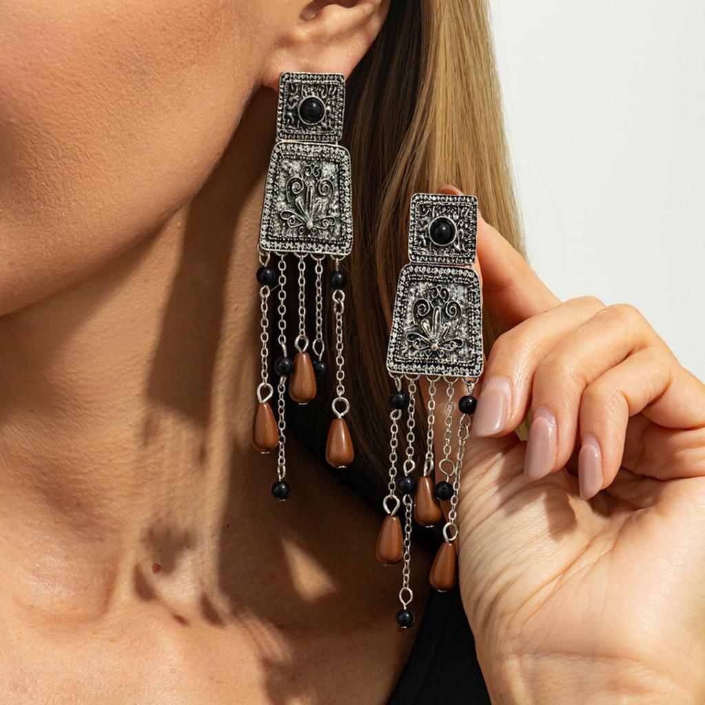 SHIXIN Vintage Carving Flower Geometric Drop Earrings for Women Luxury Water Drop Tassel Pendant Earrings Fashion Party Jewelry