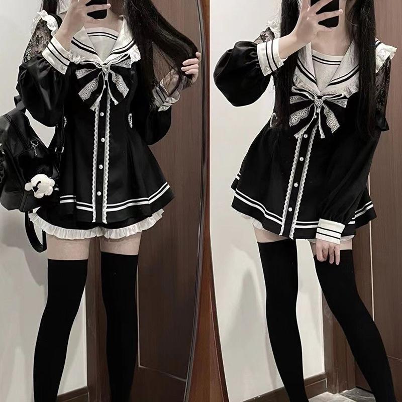 Women Vintage Sweet Long Sleeve Button Shirt Party Dresses Slim Mini Dress Japanese Style Gothic Y2k Lolita Bow Dress Shorts Set