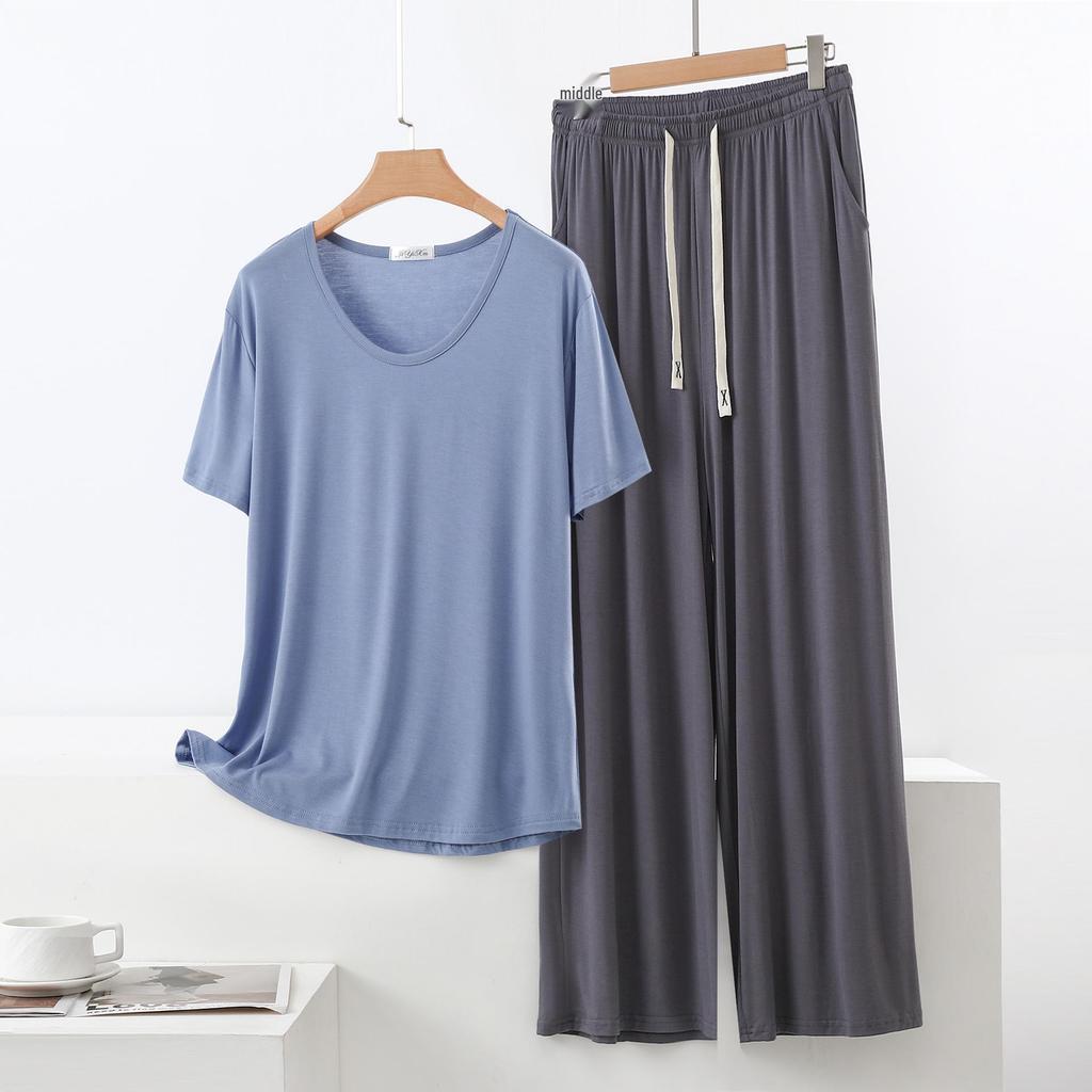 Set Pigiama Estivo da Donna in Modal - Manica Corta, Pantaloni Lunghi a Gamba Larga, Taglie Forti, Abbigliamento Casual e da Esterno