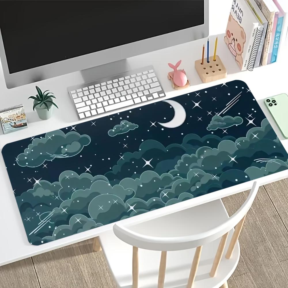Desk Mat Purple Cloud Moon Star Print Anti Slip Rubber Mousepad Stitched Edge Keyboard Pad For Pc Laptop Gamers Table Decor