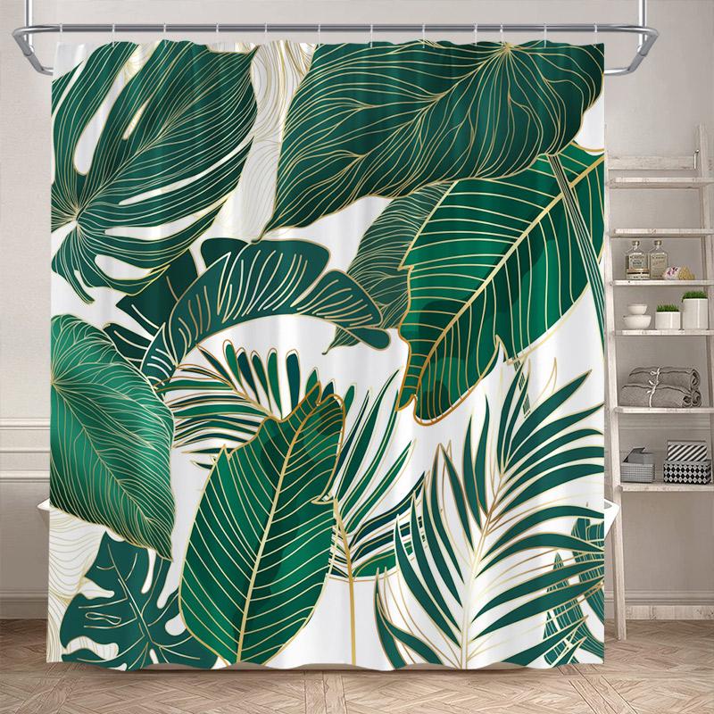 Tropische Blätter Duschvorhang Grün Palmenblatt Monstera Pflanze Badvorhänge Set Polyestergewebe Heim Badezimmerdekor Mit Haken