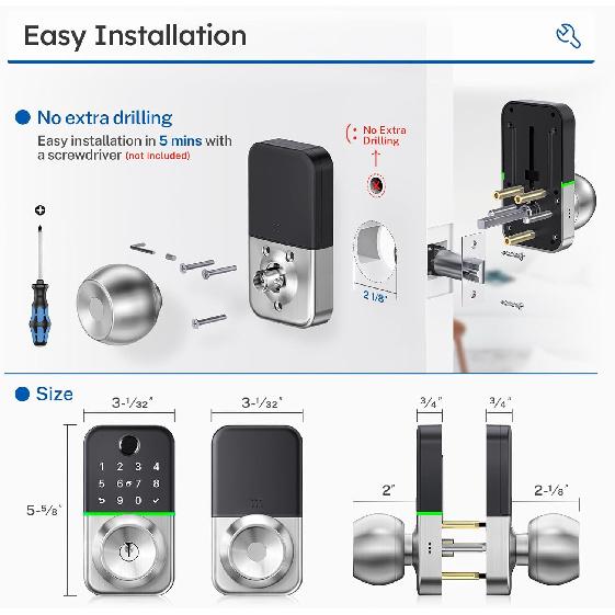 Keypad Smart Door Lock with Knob: Kucacci Keyless Entry Fingerprint Lock for Front Door - Keypad Digital Lock with Handle - Electronic Code Door Knob