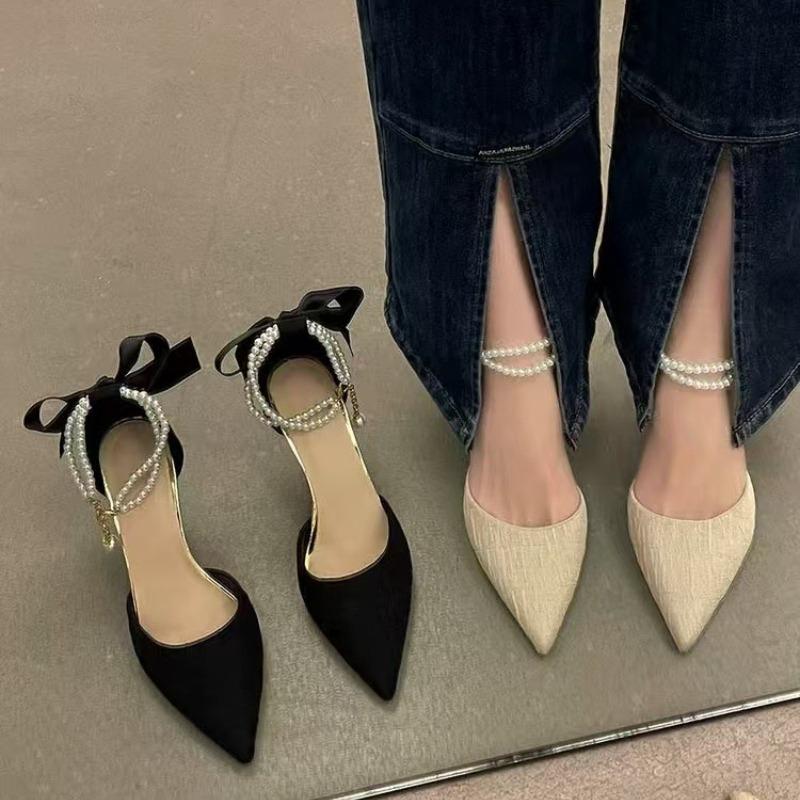 Women Elegant Pearl Stiletto Heels Open Back Evening Dress Shoes Summer New Fairy Single Pumps