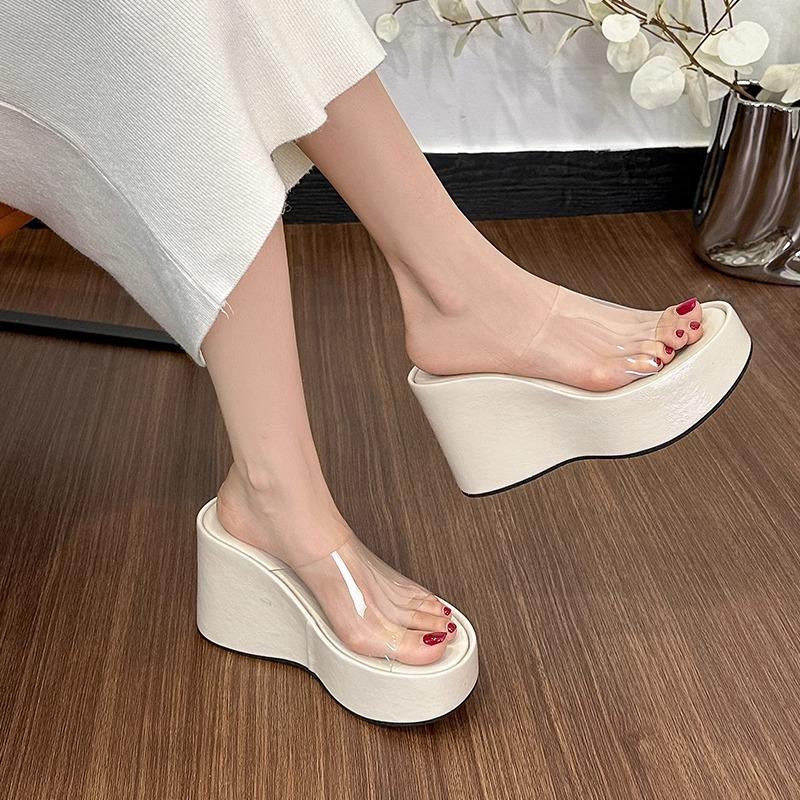 Fashion 2025 New Genuine Leather Slope Heel Transparent One Word Slippers for Women Height Increasing Thick Bottom Half Slippers