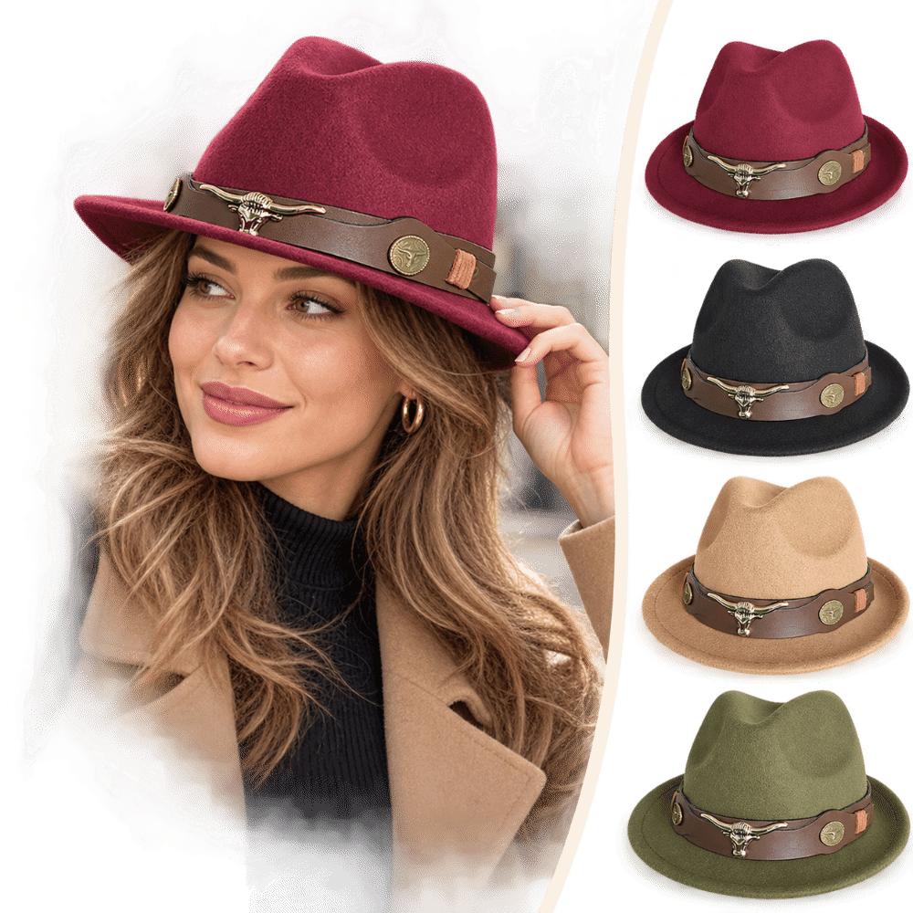 Unisex Fedora Hat Bull Head Decor Wide Brim Hat Retro Western Cowboy Hat Autumn Winter