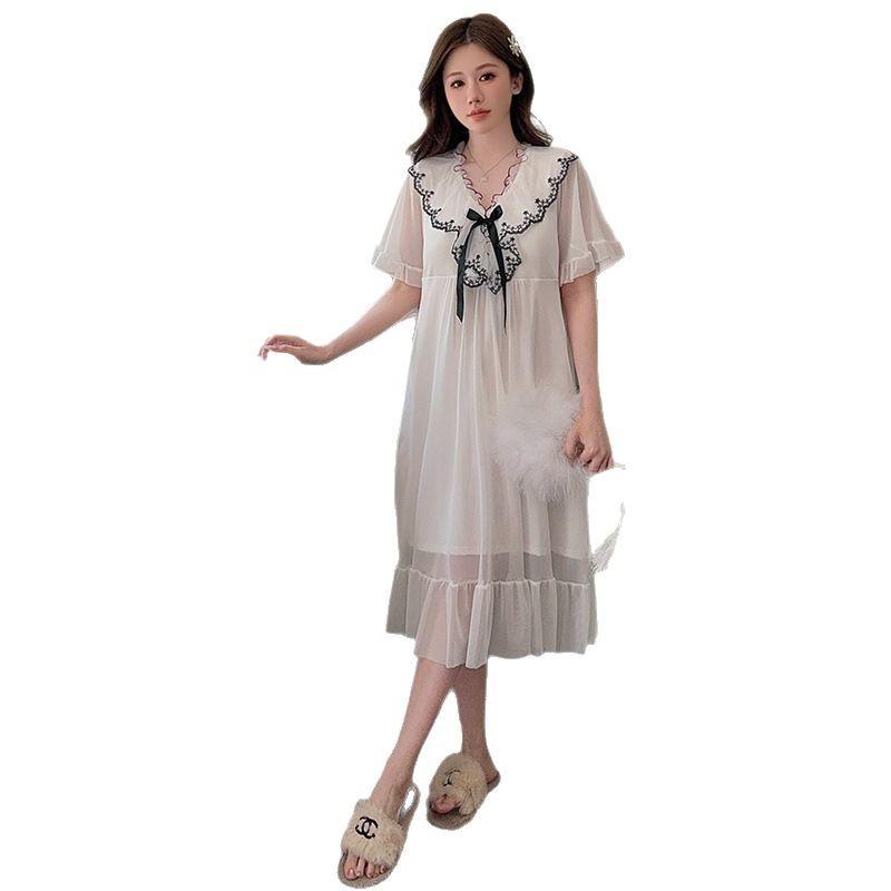 Linglei Summer Solid Color Lace Bow Mesh Court Princess Style Long Nightdress Pajamas Loungewear Women