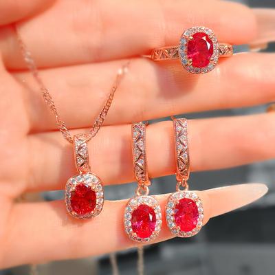 2026 Set Ruby Ring Set Temperament Elegant High Carbon Diamond Necklace Earrings Bracelet Mother's Day Gift