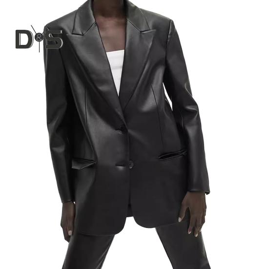 

Женская куртка из искусственной кожи, пиджак средней длины, однотонный однобортный пиджак с лацканами для повседневной жизни, работы, вечеринок, свиданий S чёрный