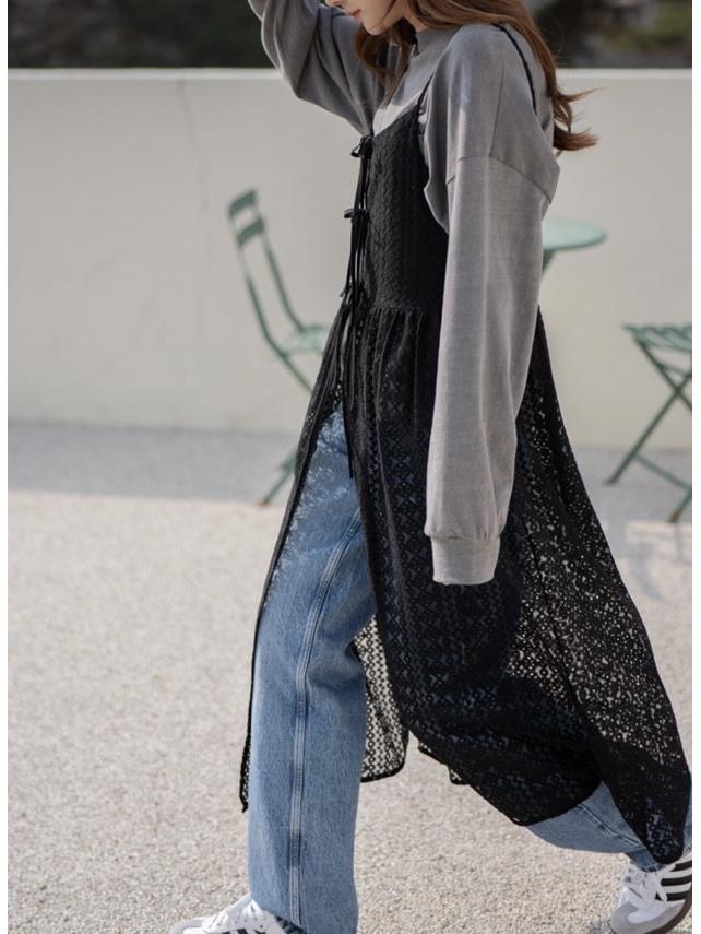 Korean Chic Lace See-Through Strappy Dress & Tie Cardigan - 2026 Spring/Summer Collection for Women
