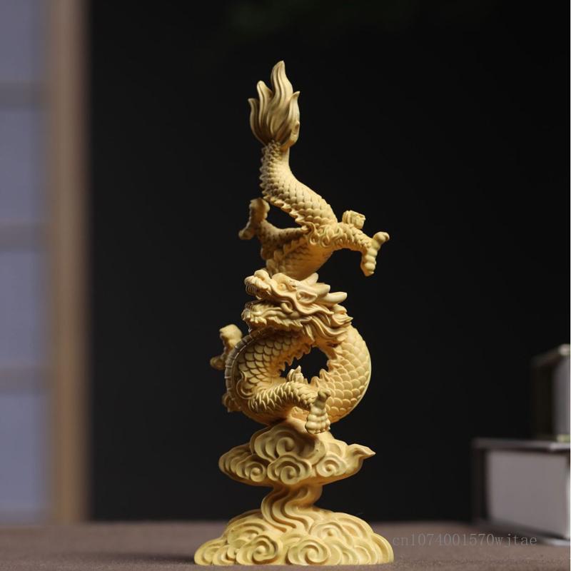 Yellow Poplar Wood Hand Carving Crafts Creative Dragon Shape Sculpture Decor South American Boxwood, Dragon Year Decoration, 1Pc