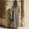 Women's V Neck Puff Three Quarter Sleeve Vertical Stripe Loose Fit Pocket Long Maxi Casual Summer Dress