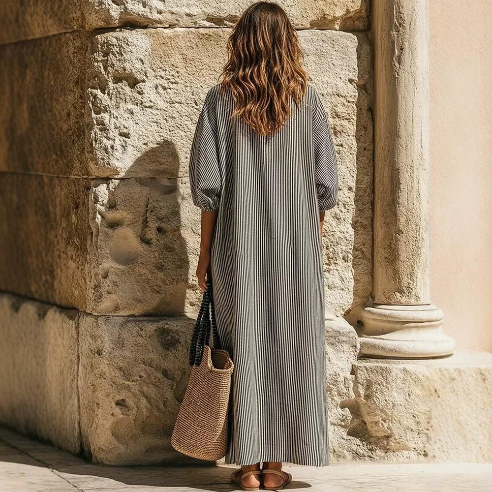 Women's V Neck Puff Three Quarter Sleeve Vertical Stripe Loose Fit Pocket Long Maxi Casual Summer Dress