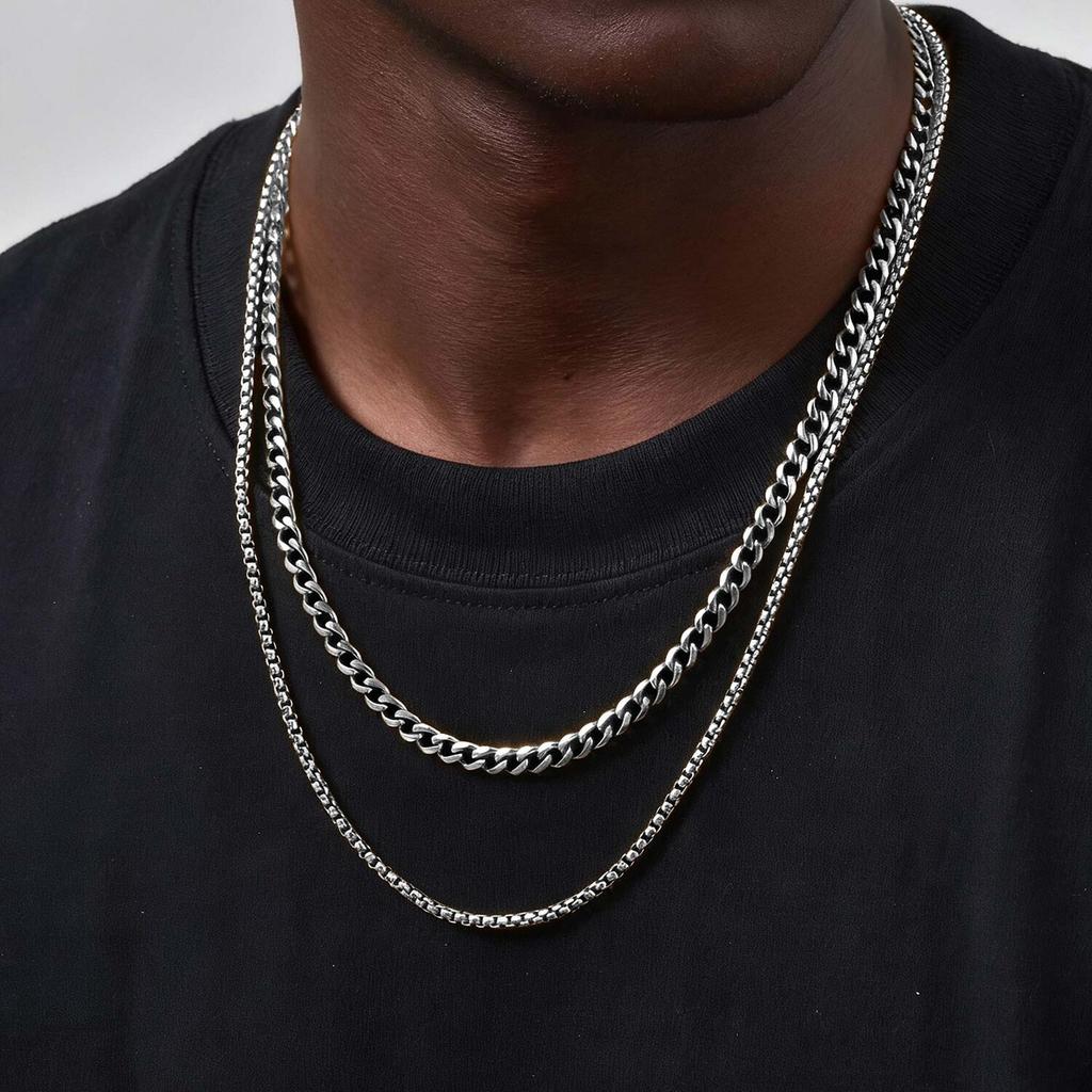 2pcs Trendy Chain Necklace for Men Boys,Stainless Steel Silver Gold Color Cuban Chain Collars,Box Chain Twisted Rope Chain Gift