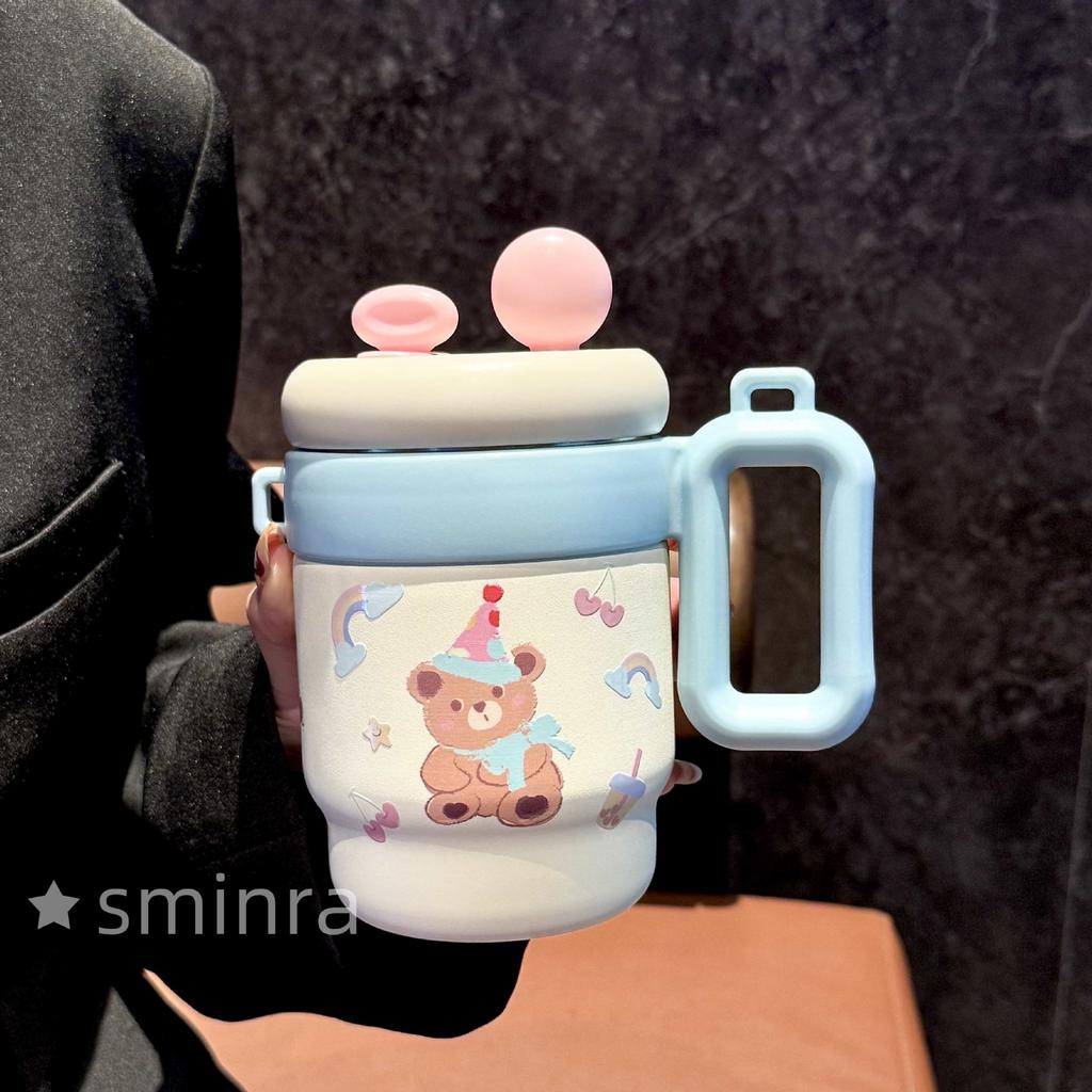 Thermos Cup Cartoon Handle Cup Student Portable Double Drink Straw Cup Stainless Steel Water Cup
