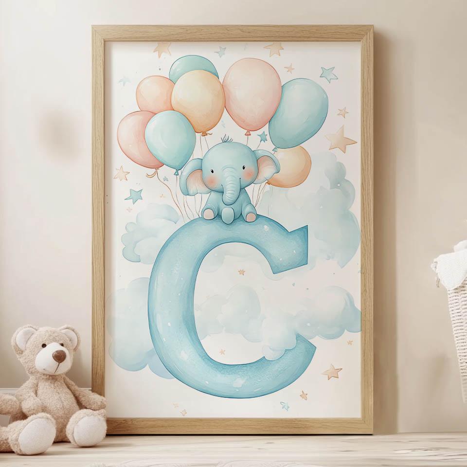 Plakat Słoniątko Na Literze C Plakat Słoniątko Na Literze C, 70X100 Cm, Rama Drewniana Ciemny Brąz, Papier Matowy 230 Gsm