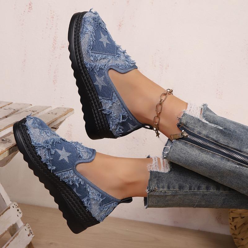 Women's Large Size Spring Fall Thick Sole Wedge Denim Casual Shoes.