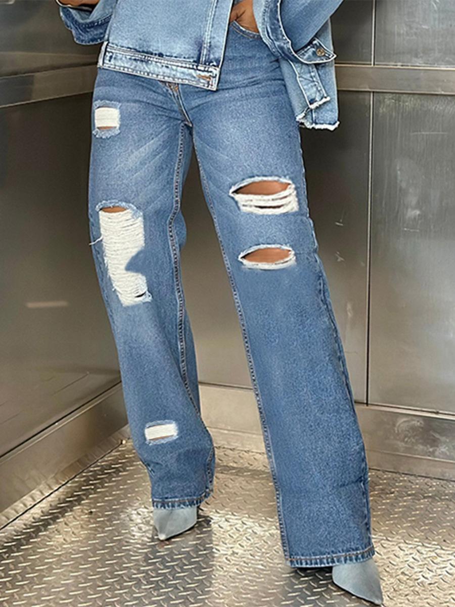 

European and American Wind Blown Hole Washed Versatile Mid To Long Straight Leg Jeans for Women S синий