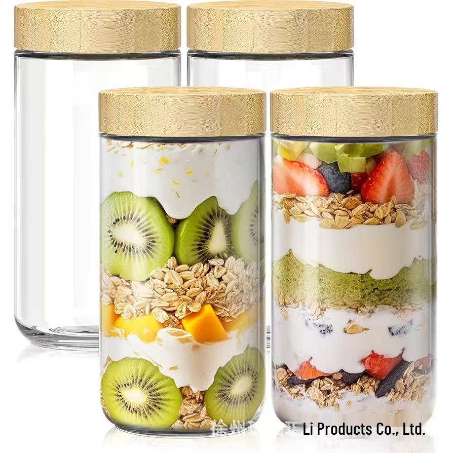 Large Glass Storage Jar with Bamboo Lid, Cereal & Yogurt Container, Sealed Oatmeal Cup