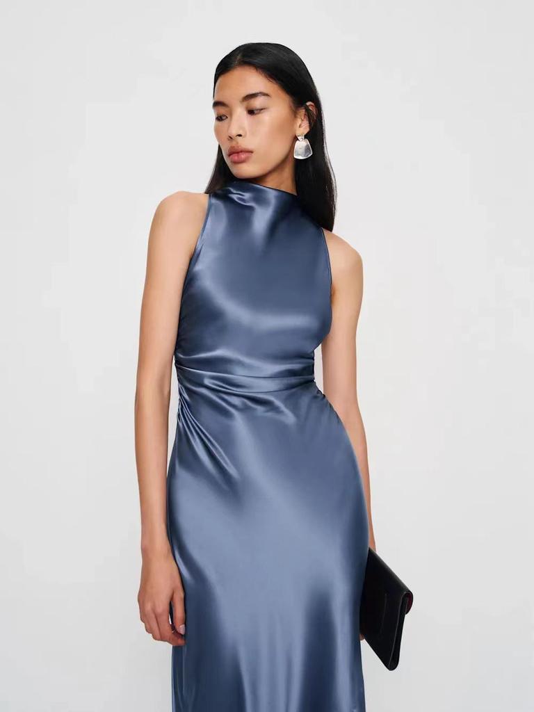 Spring Summer Sexy Halter Long Dress - European & American Style, Slim Fit, Solid Color, Sleeveless for Women
