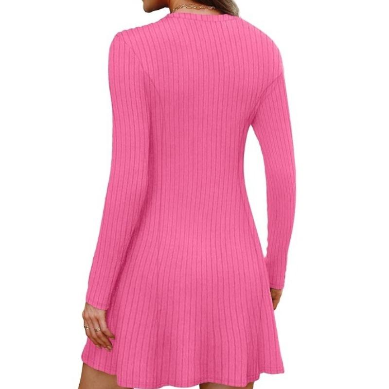 JKASHDK Women's Fashion Spring Fall Solid Color Print Long Sleeve O-Neck High Waist  Casual Dresses