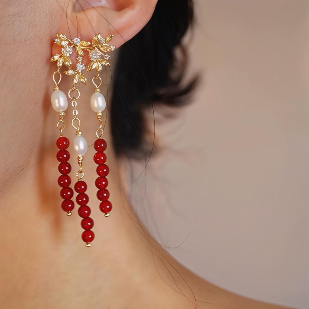Red festive exaggerated personalized stud earrings heavy industry high-end earrings natural agate pearl new Chinese earrings