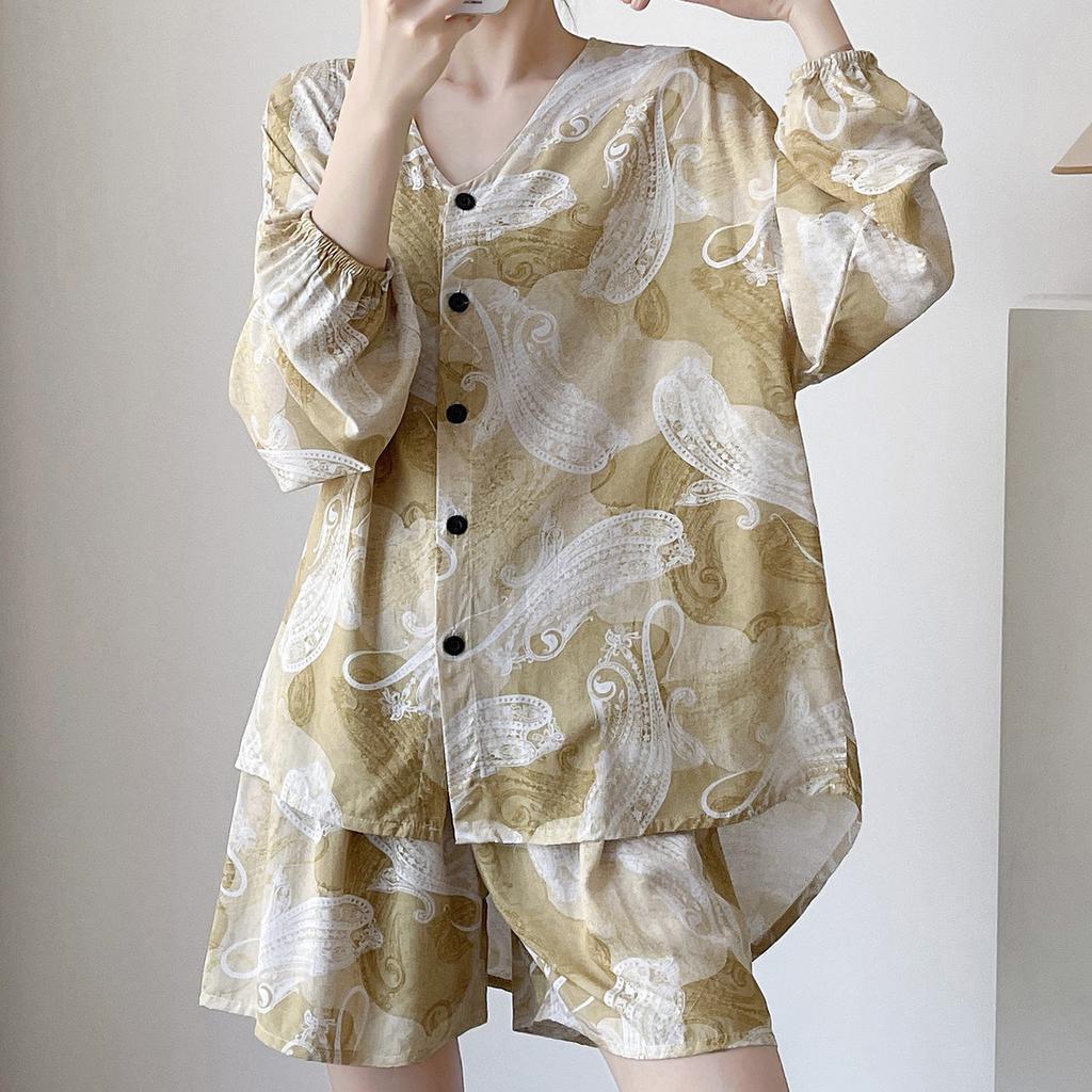 Slack Cotton and Silk Pajamas Women's Summer Cardigan Loungewear Set Can Be Worn Outside Loose Long-sleeved Shorts Sunscreen Two-piece Set