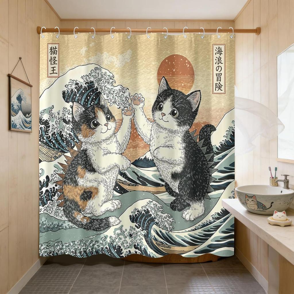 Relaxed Cat Shower Curtain, Japanese Art Great Wave Sunset Design, Fun Vacation Scene Print, Unique Aesthetic Bathroom Decor