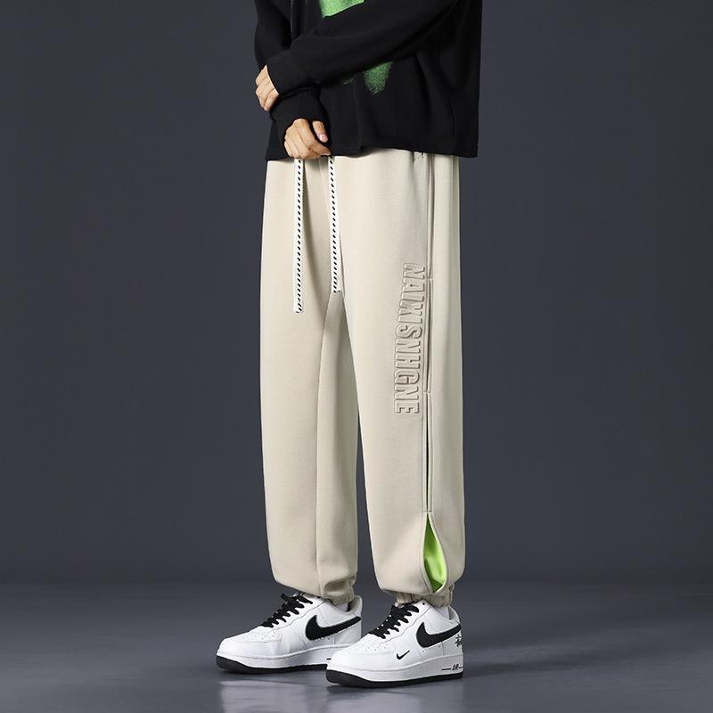 Men's Fleece-Lined Slim-Fit Cuffed Sweatpants - Thick, Stylish, Large Size, Steel Stamp Design for Autumn/Winter