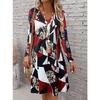 DAFIFY Women's Fashion Spring Fall Colour Block Print Long Sleeve V-Neck Loose Waistline Casual Dresses