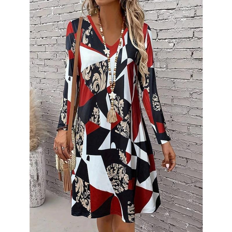 DAFIFY Women's Fashion Spring Fall Colour Block Print Long Sleeve V-Neck Loose Waistline Casual Dresses