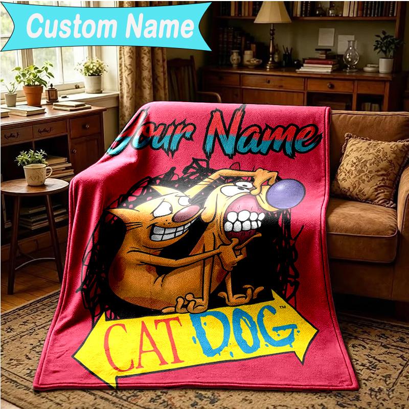 1PC Custom Name Blanket Cat Dog Adventure Flannel Blankets Patterns Throw Blanket All-Season Soft Gift for Couch, Bed, Camping, Birthday Gifts