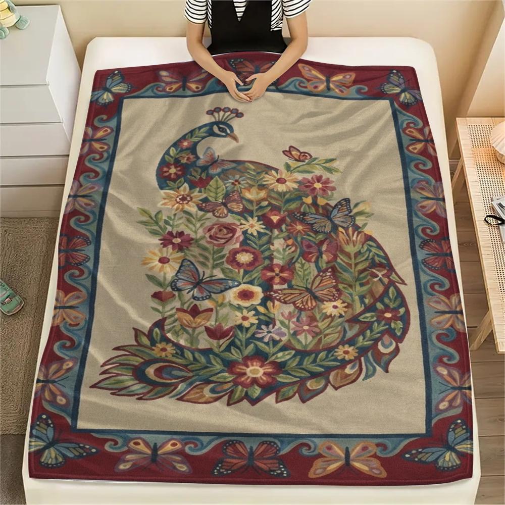 1Pc Peacock Print Flannel Blanket, High quality Comfortable for All Seasons, Home Decor, Warmth and Comfort, Perfect for Christmas Gifts W121