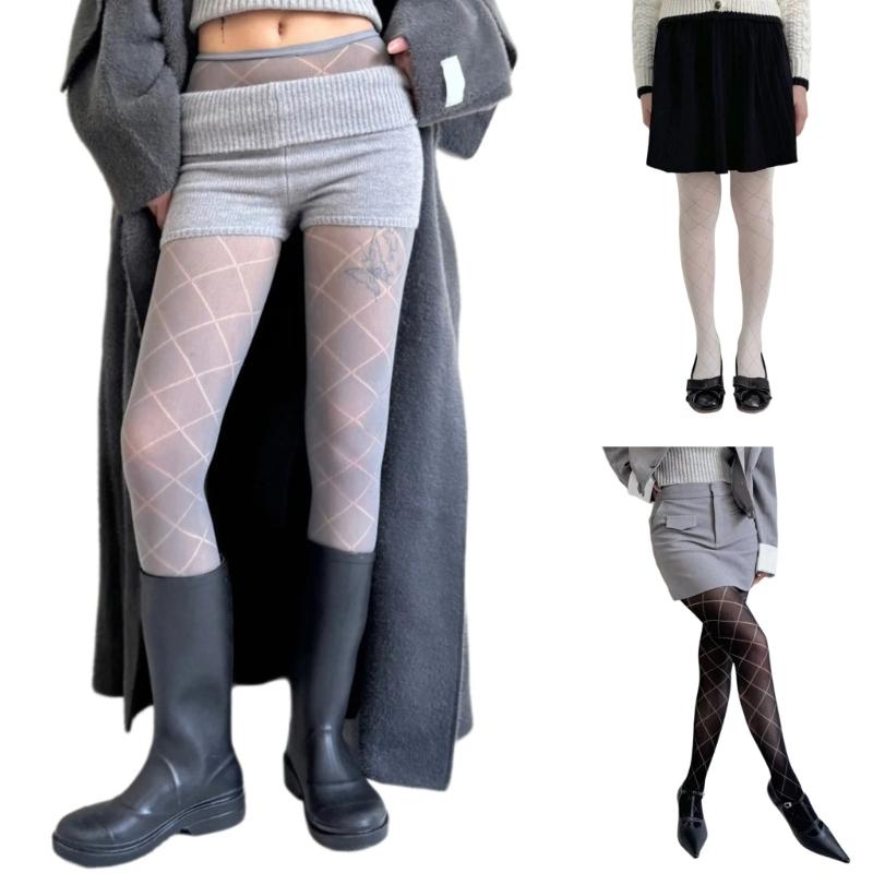 Women Girls Japanese Style Hollowed Out Mesh Tights Stockings Elegant Plaids Jacquard Pattern Fishnet Pantyhose Hosiery