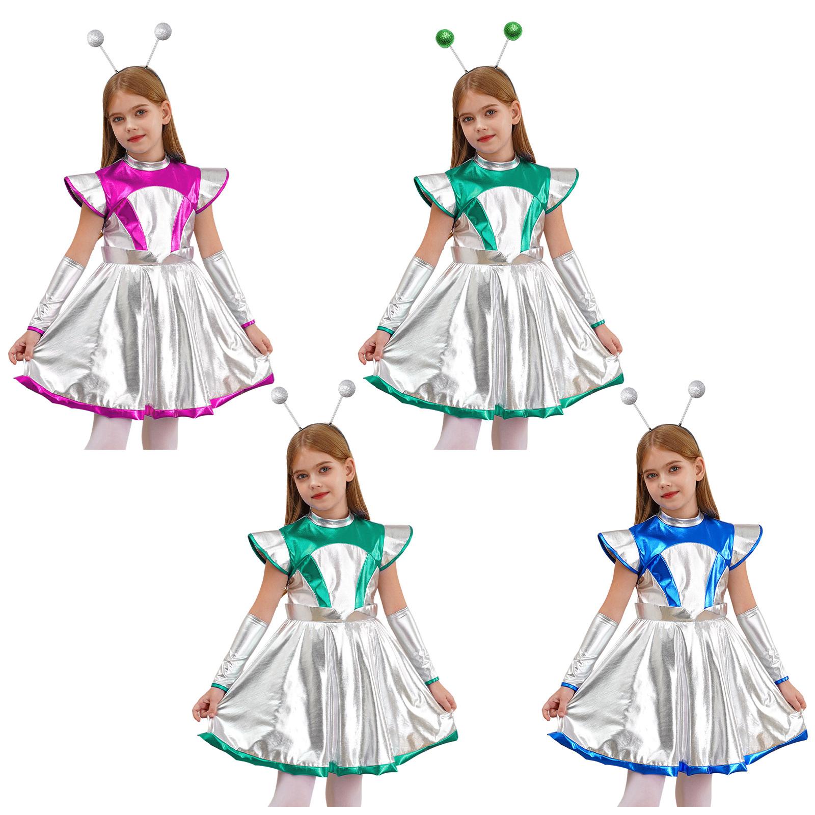 

Kids Girls Alien Cosplay Costume 3Pcs Set Outer Space Dress with Arm Sleeves Hair Hoop Accessories for Halloween Fun 5-6 Years зелений