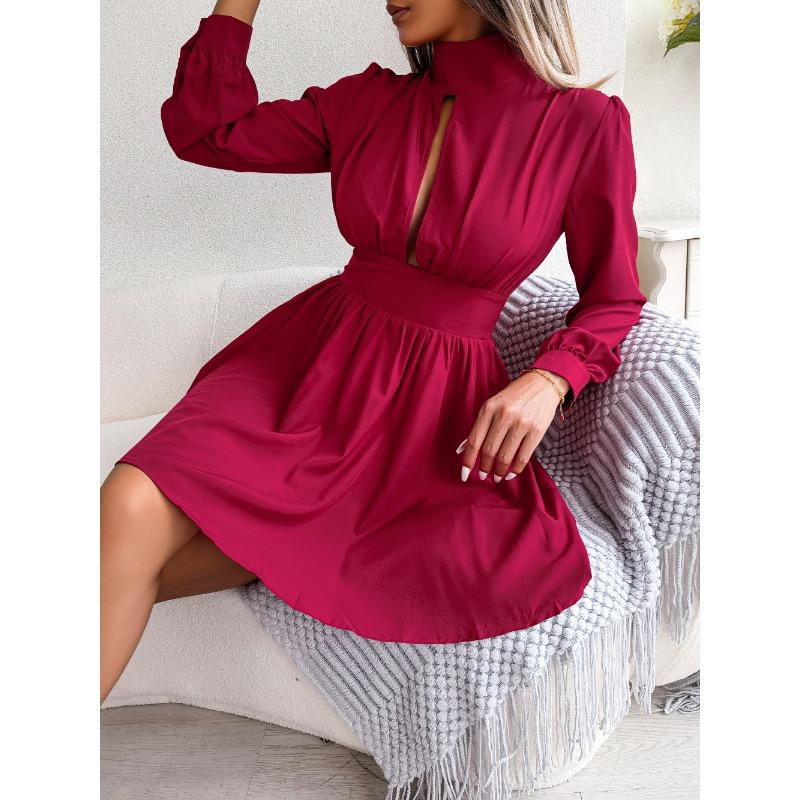 Spring and Summer Sexy Hollow Out A-line Party Short Dress Slim Waist Casual Turtleneck Long Sleeve Evening Dress Streetwear Solid Color Clothing