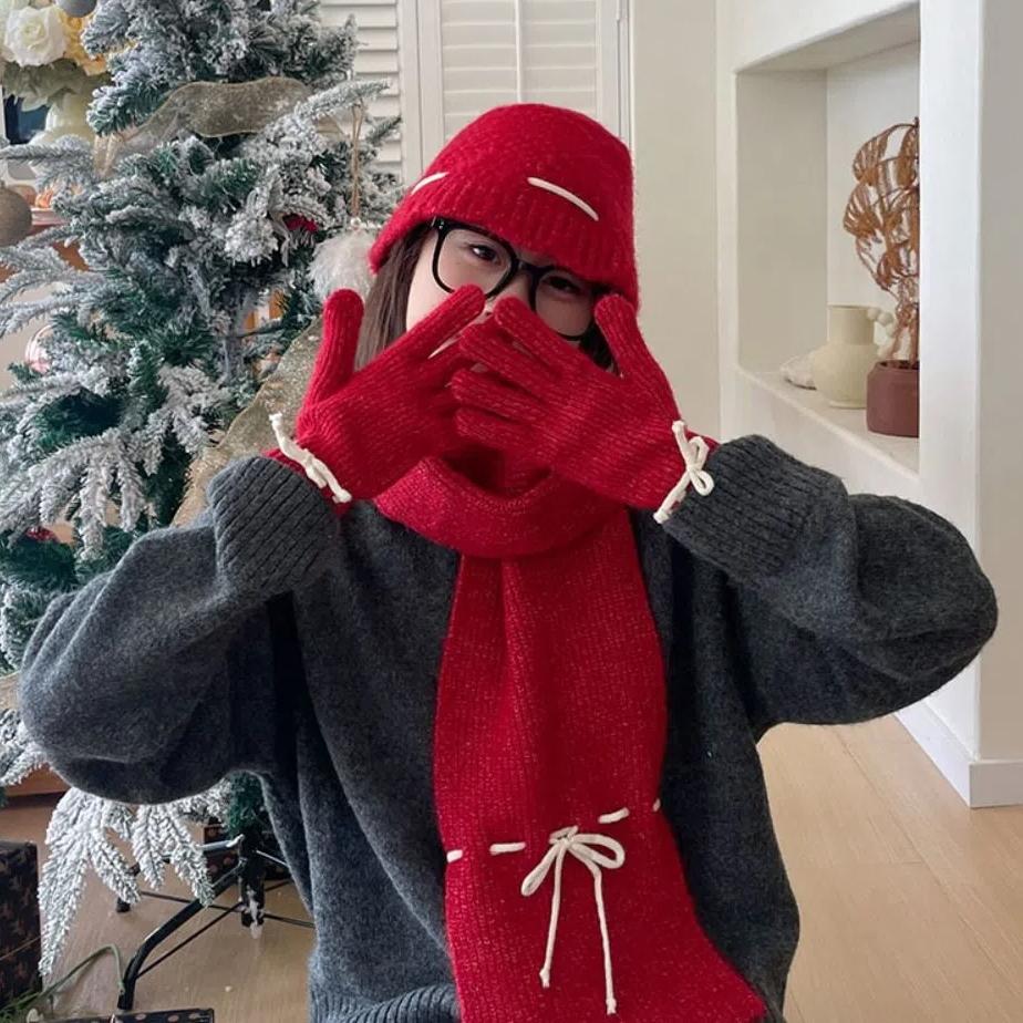 Warm Bow Drawstring Hat Korean Style Winter Gloves Cartoon Wool Bowknot Scarf  Ski