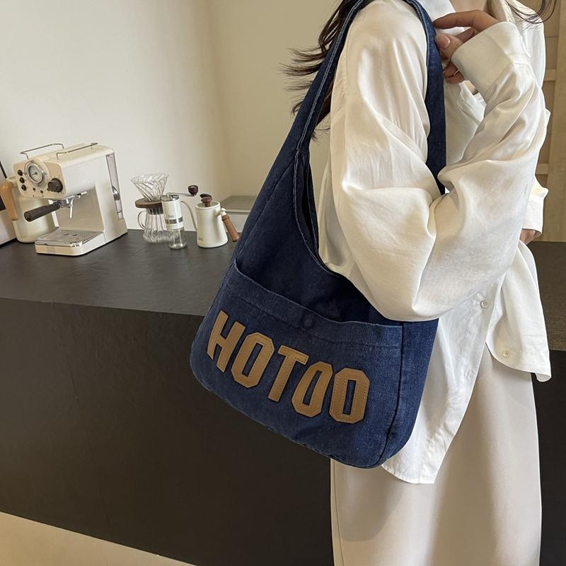 Student Shoulder Bag Letter Print Denim Bag Women's Large Capacity Commuter Tote Bag