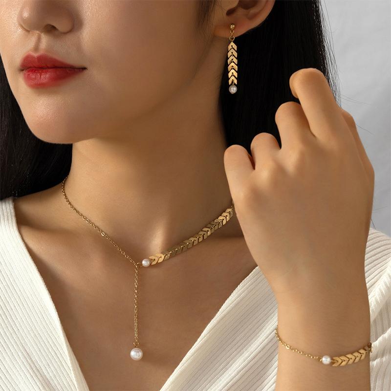 Simple Wheat Ear Pearl Bracelet Necklace Earrings Jewelry Set For Women Temperament Lucky Gold Color Bracelet Charm Jewelry