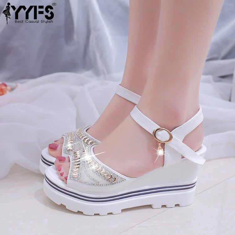 Fashion Women Summer Pumps Platform Sandals Crystal Open Toe Wedge Sandals