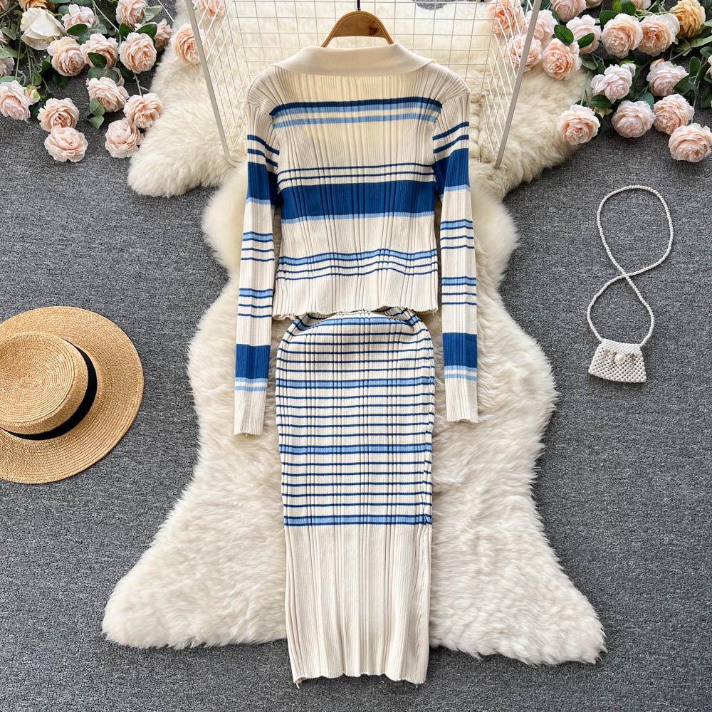 Autumn and Winter Small Fragrant Wind Stripes Collision Color Sexy Lapel Striped Knit Shirt Plus Halter Dress Two-piece