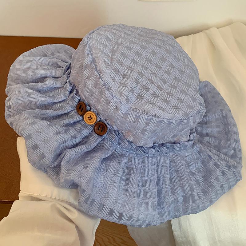 Button plaid fisherman's hat Children's spring and summer travel Big brim shows face Small sunscreen visor Breathable basin hat