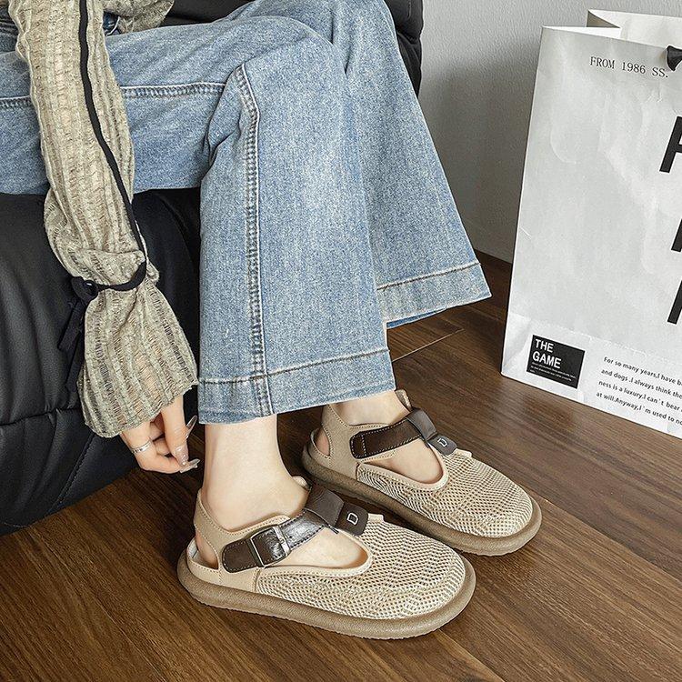 Mori linen baotou sandals women's 2025 summer new soft-soled mesh breathable hole shoes wear Roman sandals