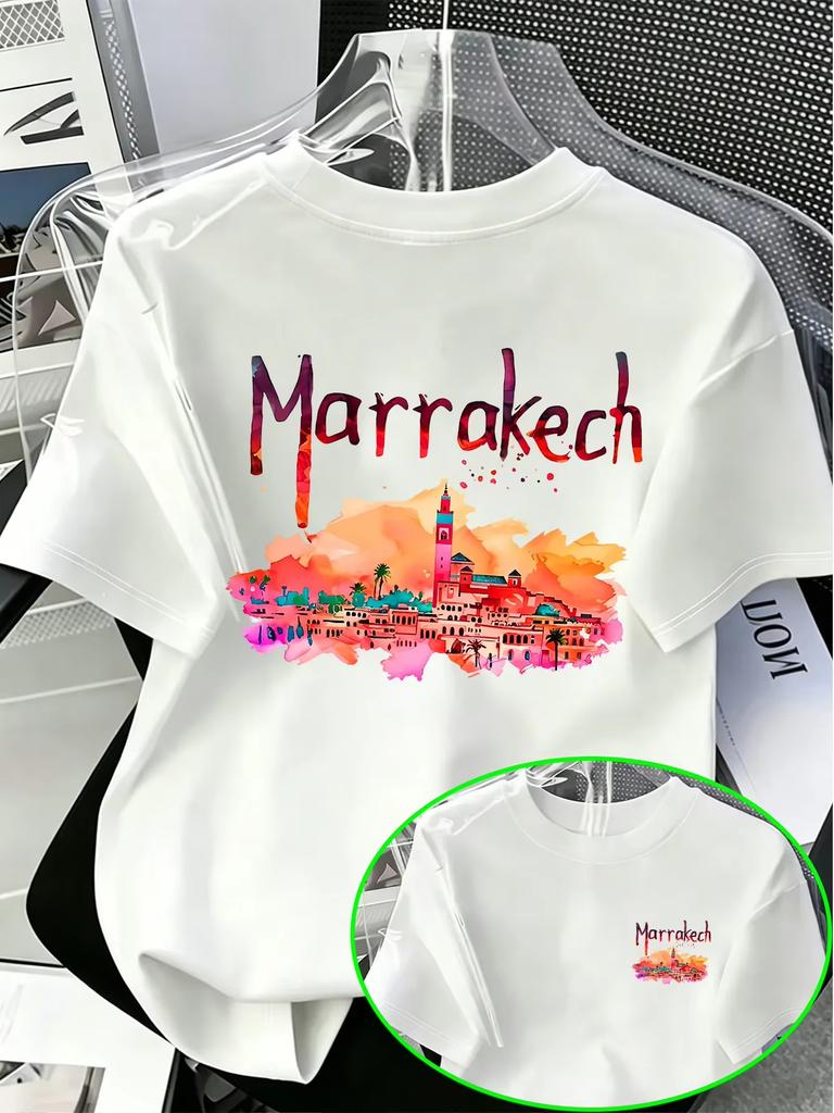 Marrakech Morocco Watercolor Skyline Print Unisex Tshirt Pure Cotton Casual Travel Tees 2026 Summer New Fashion Unisexs Tshirt