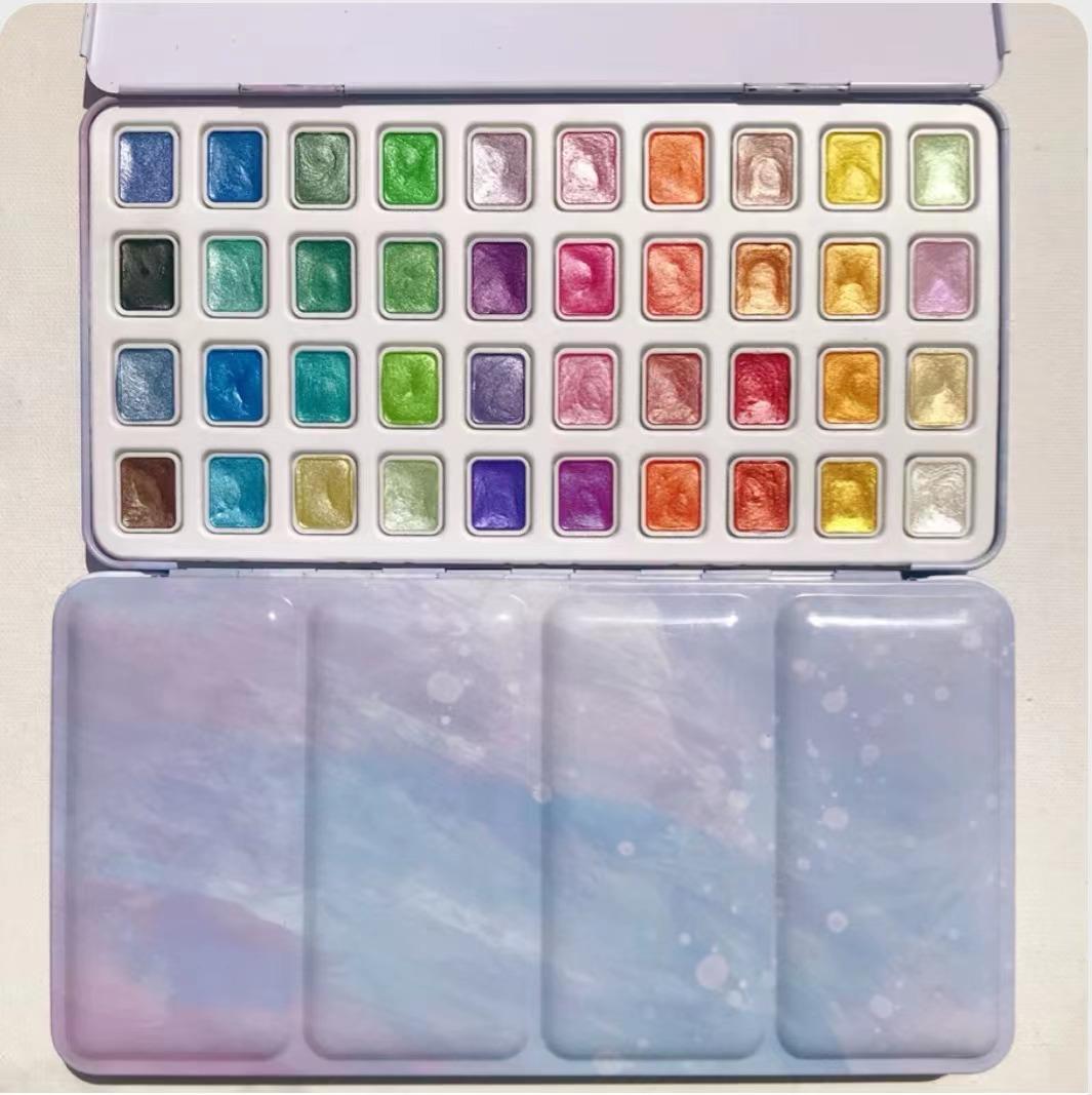 

40Color 1ml Pearlescent Solid Watercolor Painting Iron Box Set Students Beginners Art Painting Graffiti Creation Portable Tools (as the picture,iron box)