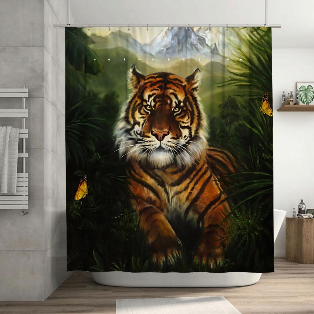 Blue Green Striped Shower Curtain with Turtles Bath Decor for Bathroom Modern Waterproof Fabric Liner Available in Various Sizes