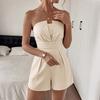 Women Solid Color Strapless Smocked Waist High Waist Wide Leg Short Vacation Romper