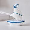 Sailboat Ornament, Wooden Iron Desktop Figure, Small Nautical Tabletop Decoration, Blue White Striped Lifebuoy Starfish Marine Style Ornament