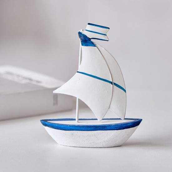 Sailboat Ornament, Wooden Iron Desktop Figure, Small Nautical Tabletop Decoration, Blue White Striped Lifebuoy Starfish Marine Style Ornament