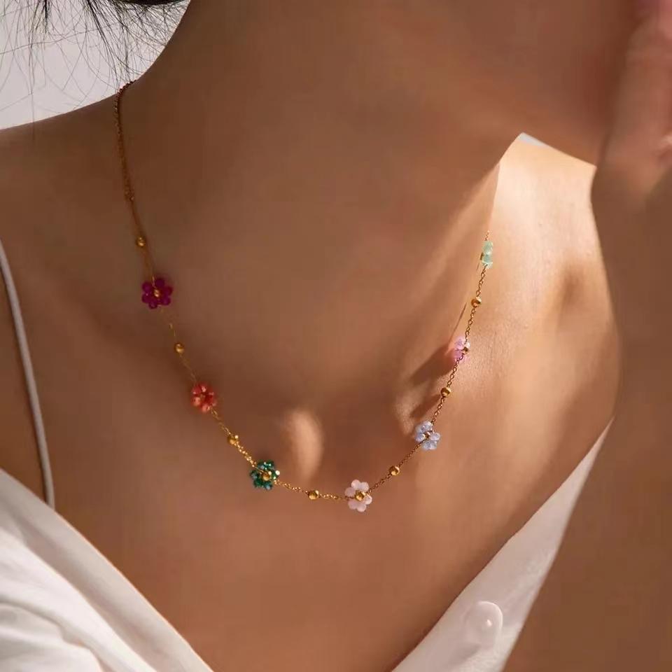 Colorful Flower Chain Stainless Steel Necklace Bracelet Set Plating Waterproof Zircon For Ins Exquisite Zircon