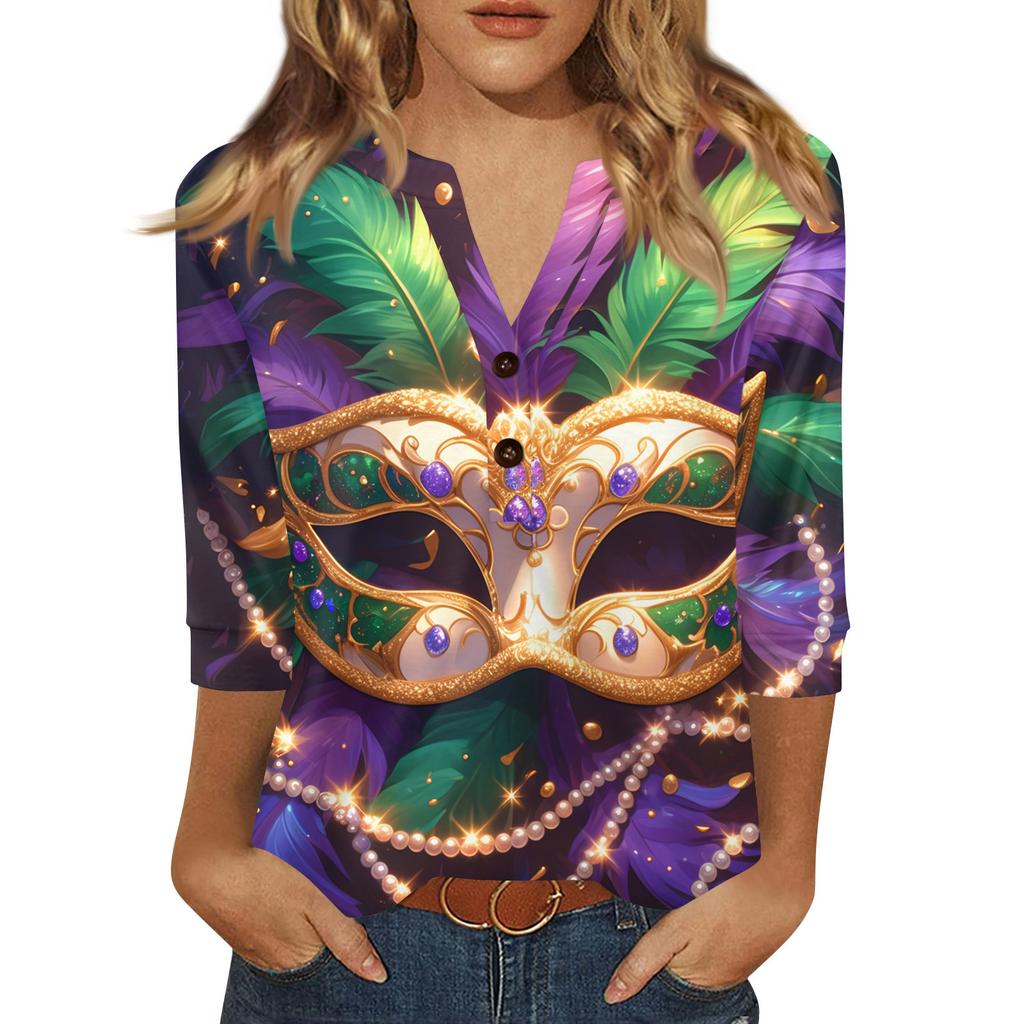 Women's Carnival Printed Fashionable Casual V-neck Button Seven Inch Sleeve T-shirt Top